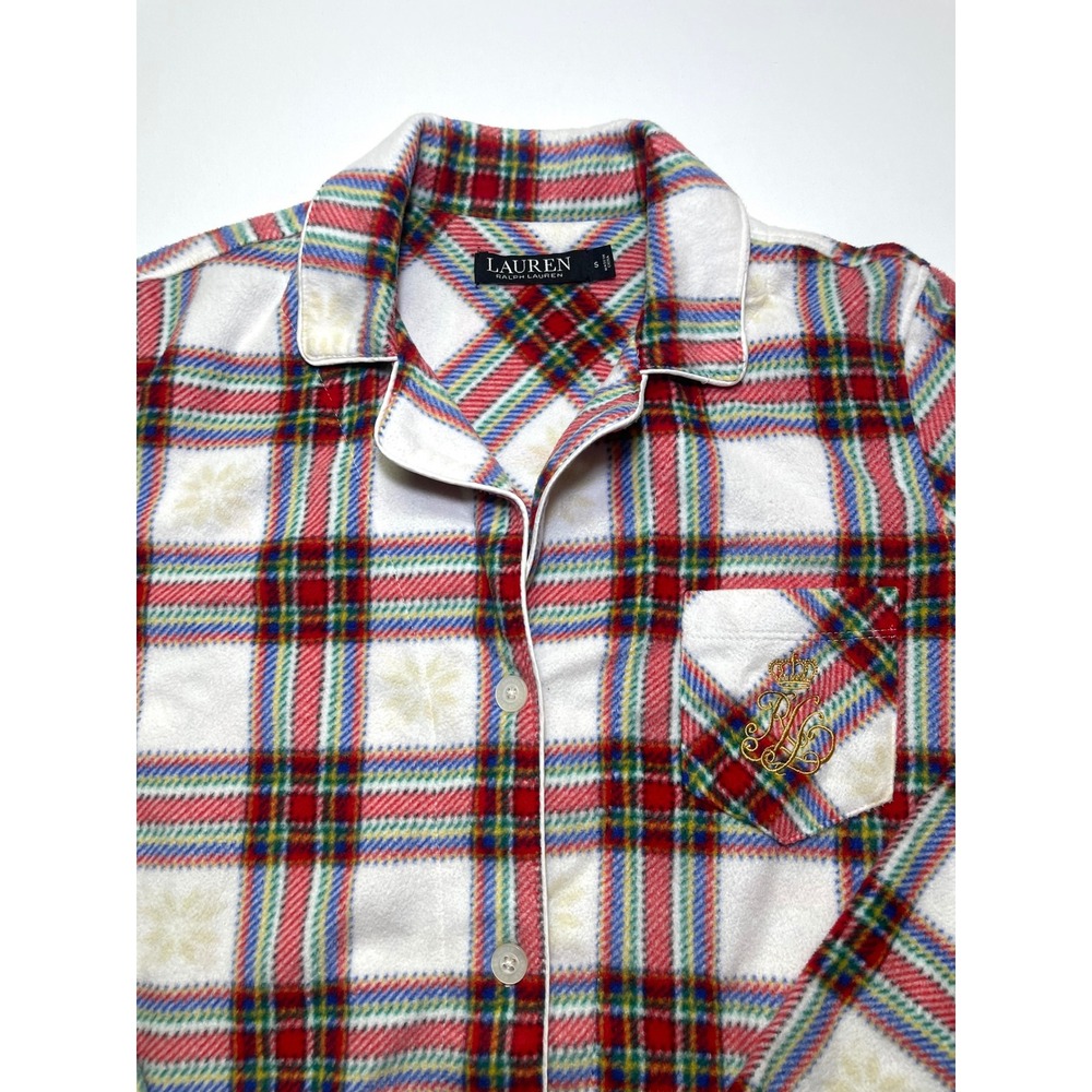 Lauren Ralph Lauren Small Fleece Pajama Top Plaid Snowflake Crest Red White